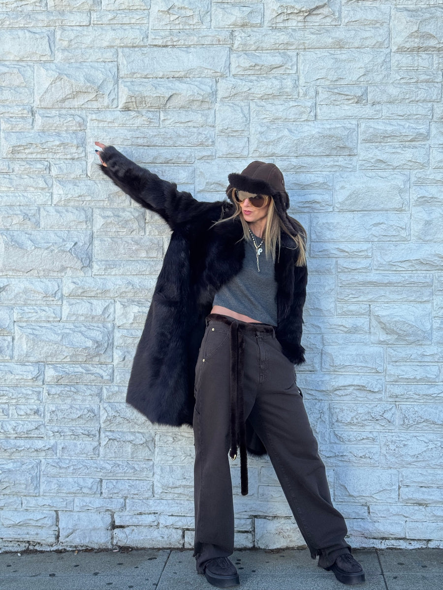 Lisa Fur Belt Adorned Loose Fit Carpenter Pants